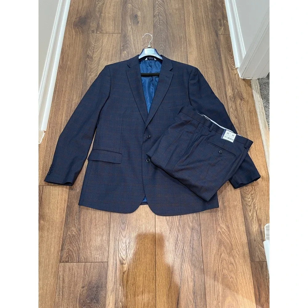 Kilburne Finch Mens Blue Plaid Tailored Fit 2 Piece Suit 48L 42W 39L Unaltered